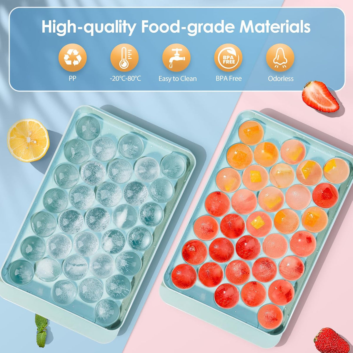 WIBIMEN Ice Cube Tray with Lid and Bin - Round Ice Trays for Freezer with Lid - Ice Cube Trays for