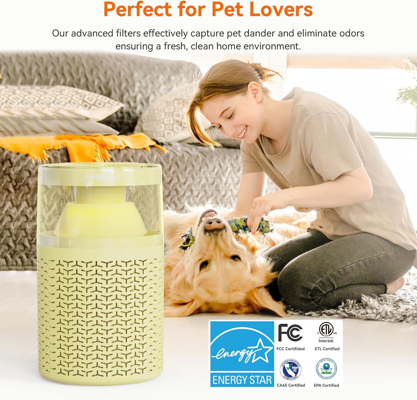 AIRROMI Pet Air Purifier for Home Bedroom Covers 658 Ft²,with Activated Carbon