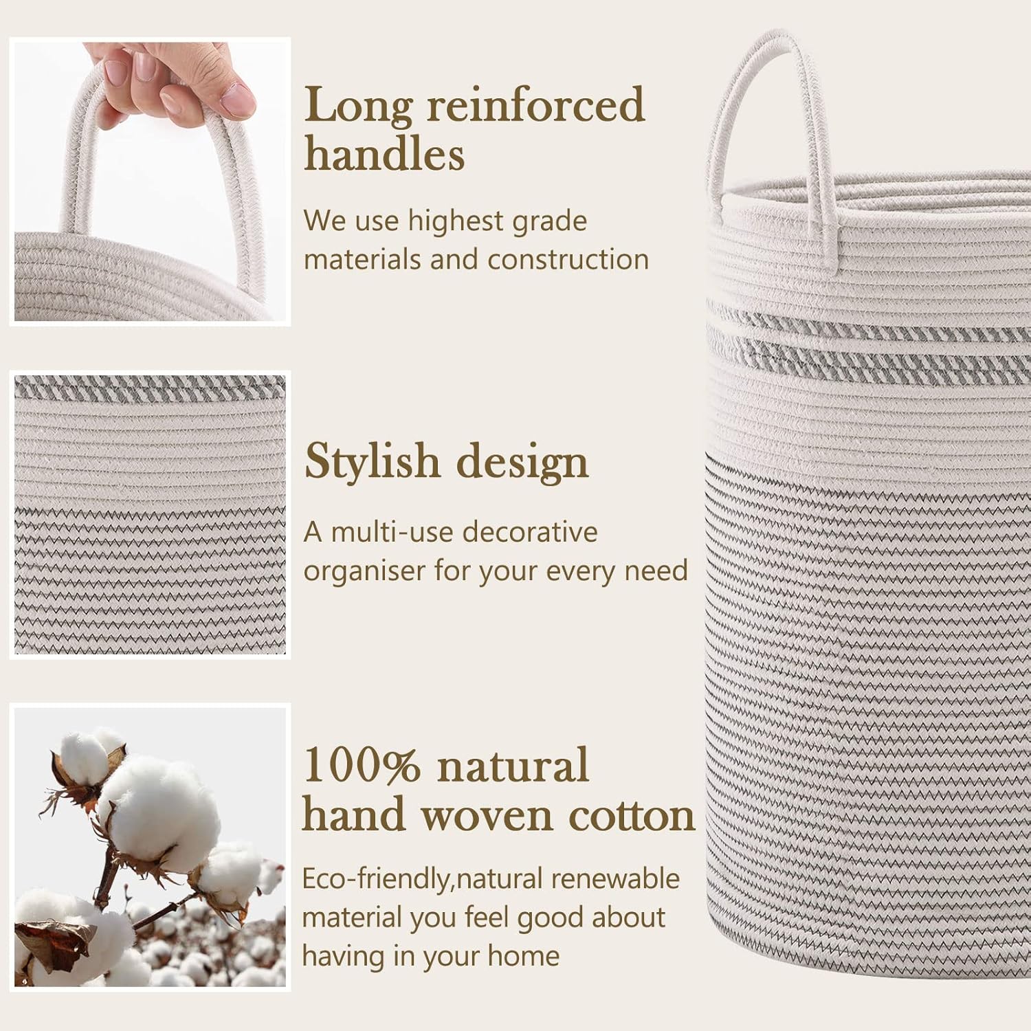 YOUDENOVA Woven Rope Laundry Hamper Basket, 58L Tall Luandry Basket, Baby Nursery Hamper for