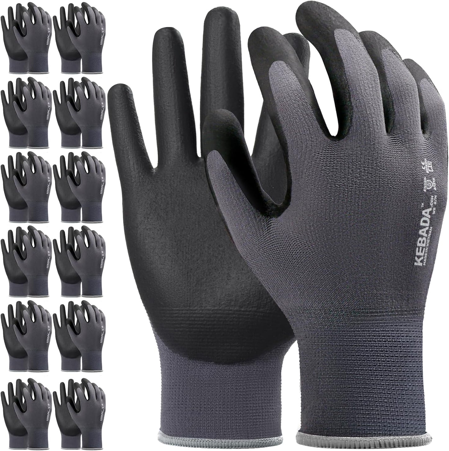 12 Pairs Work Gloves for Men and Women, Nitrile Coated Safety Protective Gloves with Grip, Ideal
