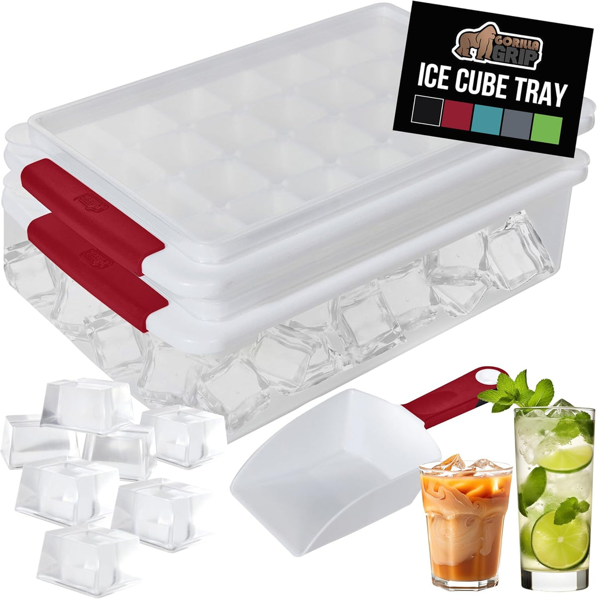 GORILLA GRIP Stackable Ice Cube Tray and Bucket Set for Freezer, Includes 2 Trays with Lid and