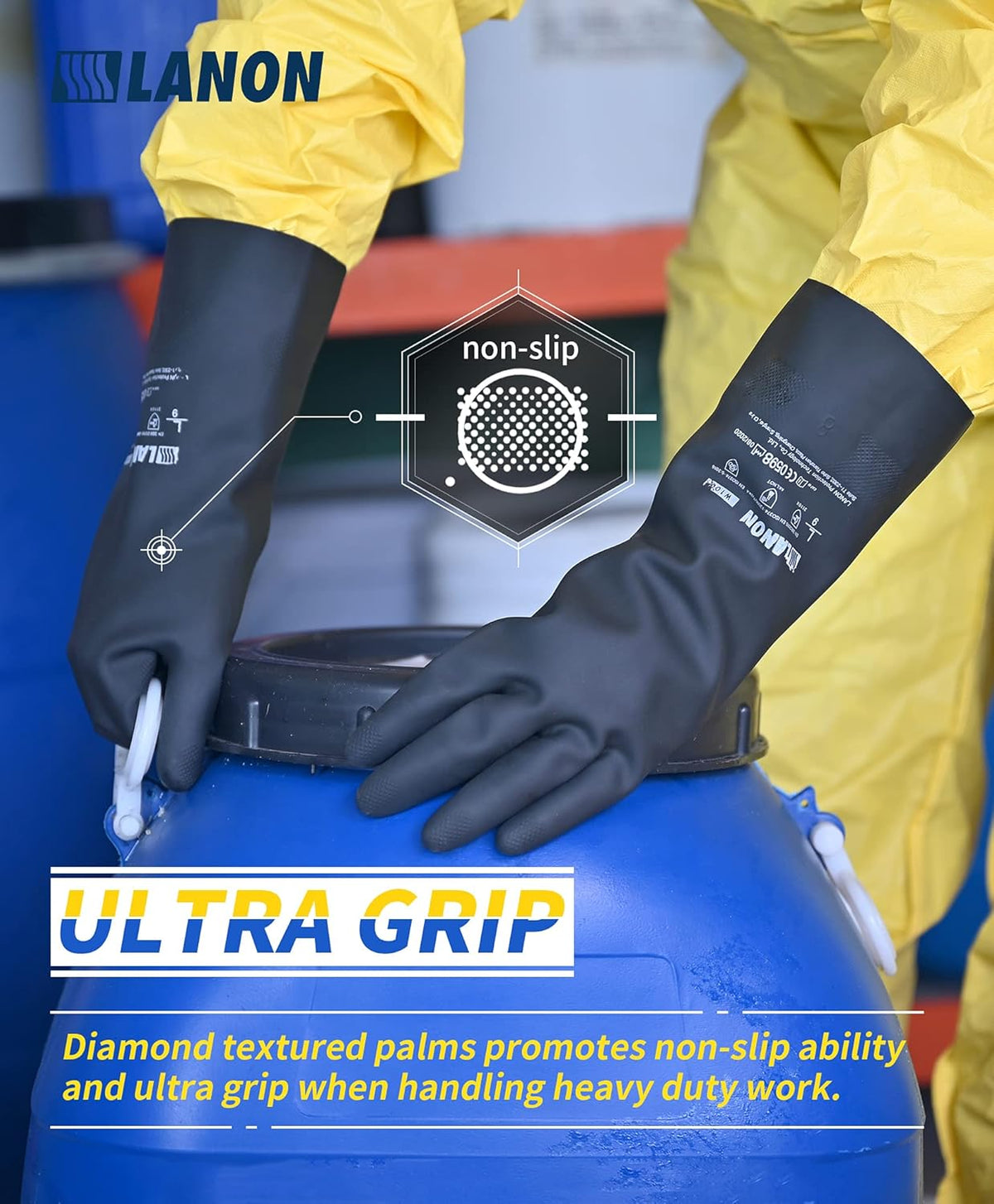 LANON Rubber Chemical Resistant Gloves, Reusable Heavy-duty Safety Work Gloves, Acid & Alkali