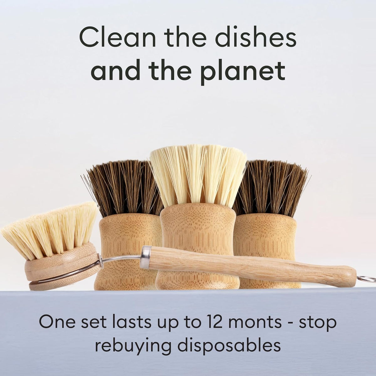 Vove Dish Brush Bundle - FSC-Certified Bamboo Dish Brush & Scrub Brush, 3 Replacement Heads