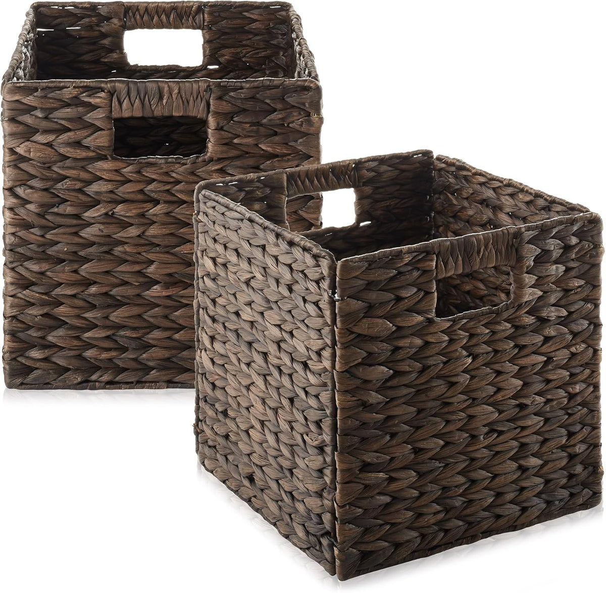 Casafield 10.5" x 10.5" Water Hyacinth Storage Baskets, Espresso - Set of 2 Collapsible Cube