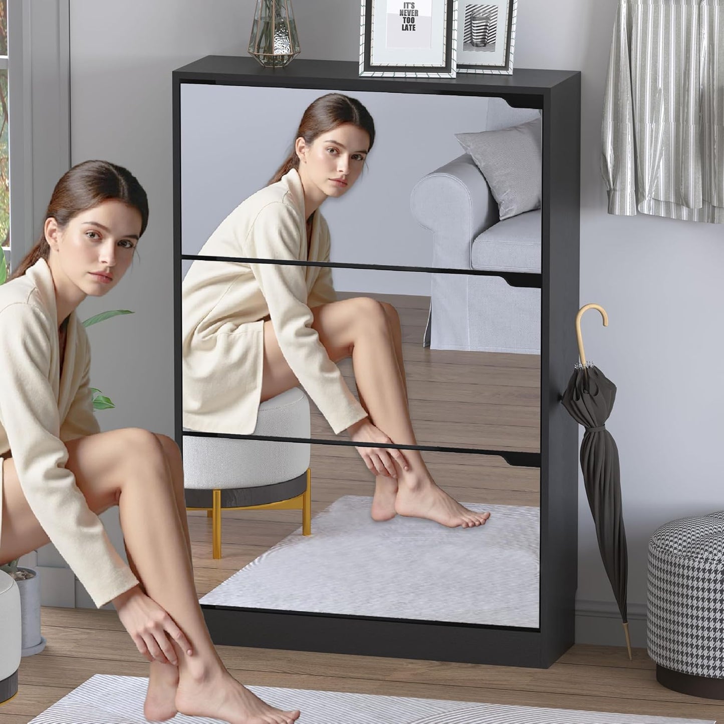 Shoe Cabinet with 3-Flip Mirror Drawers, Freestanding Shoe Rack Organizer with Hidden Handle, Slim