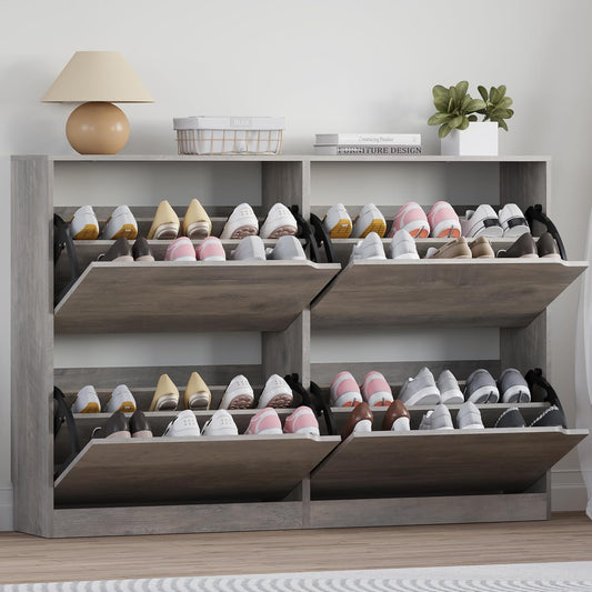 Shoe Cabinet with 4 Flip Drawers, Narrow Hidden Shoe Storage Cabinet, Slim Freestanding Shoe Rack