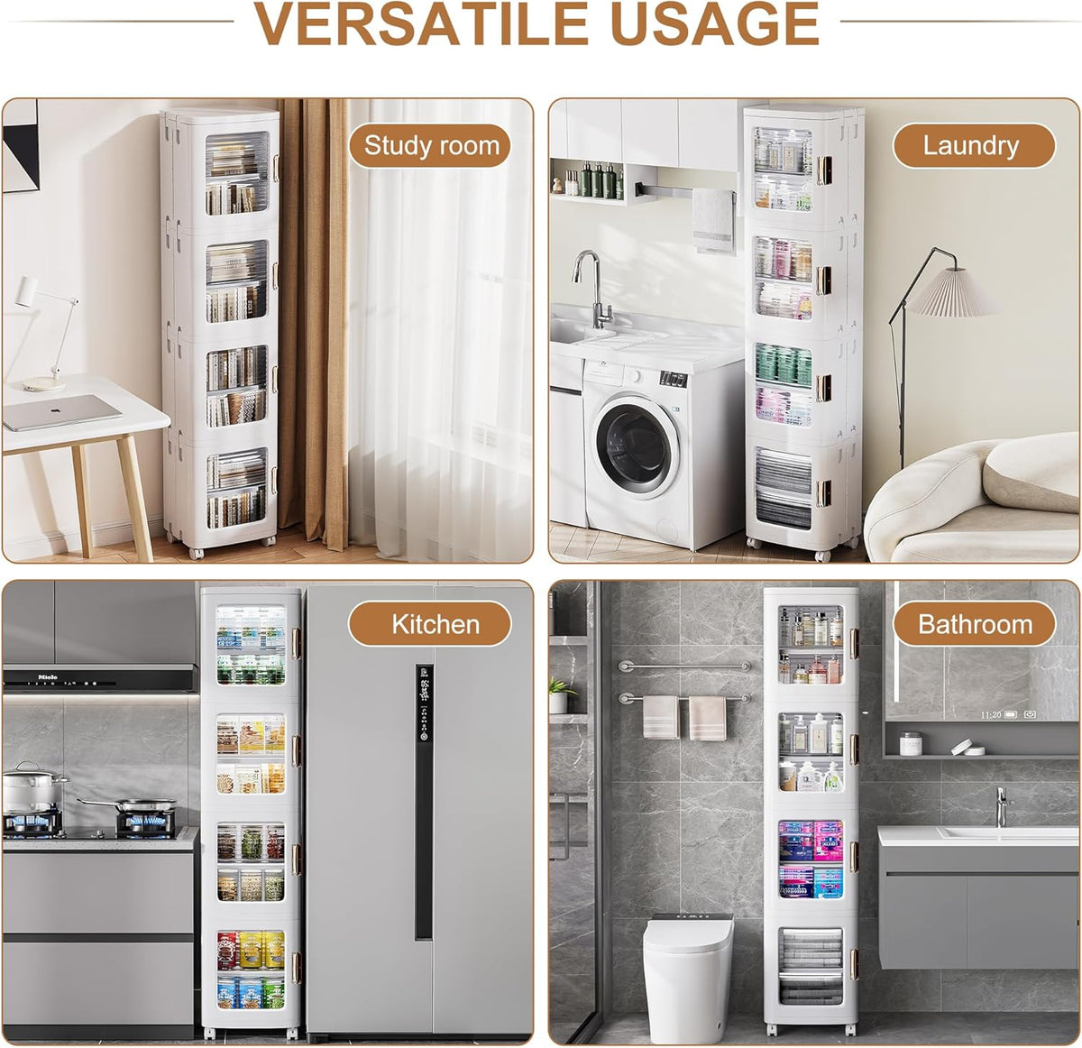 VECELO 4-Tier Tall Narrow Storage Cabinet with Movable Wheels, Adjustable Shelves, Anti-Tip, Slim