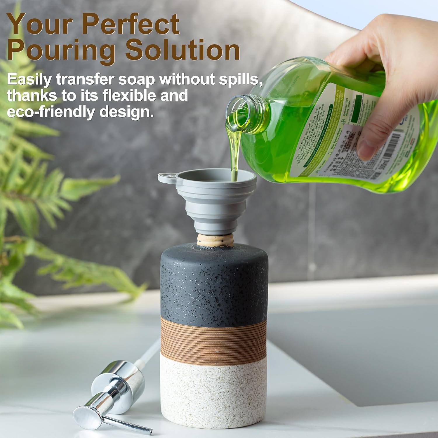 Dish Soap Dispenser Set with Silicone Funnel, Hand Soap, Shampoo, Body Wash, Ceramic Liquid Soap