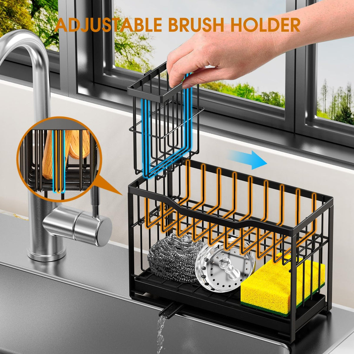 2-Tier Kitchen Sink Caddy with High Brush Holder&Self-Draining Tray,Rustproof&Non-Slip Sink Sponge