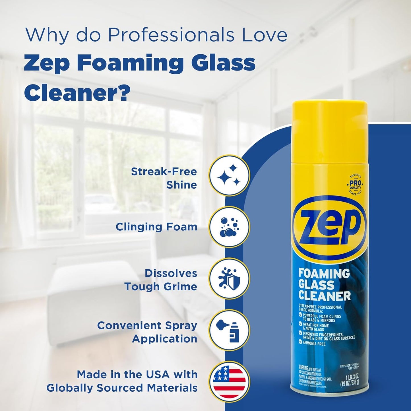 Zep Foaming Glass Cleaner - 19 oz (Case of 12) ZUFGC19 - Streak-Free Professional Grade Formula