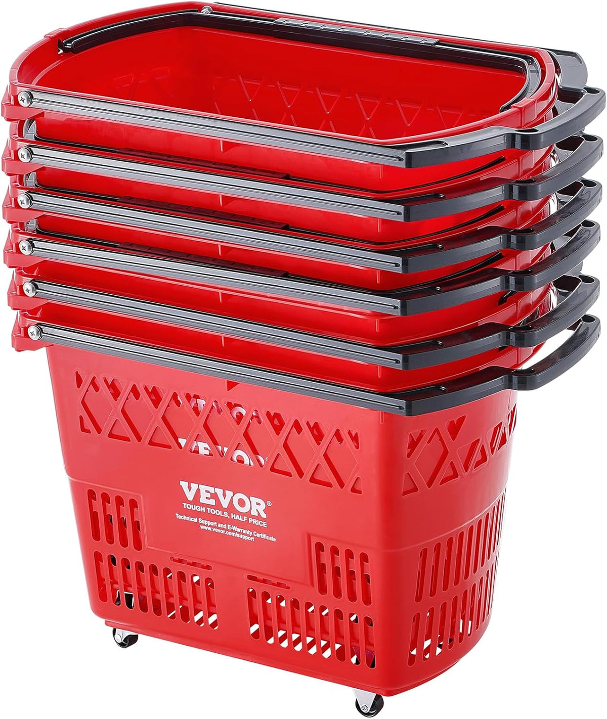 VEVOR Shopping Carts with Handles, 6PCS, 39L Plastic Rolling Shopping Basket with Wheels, Large