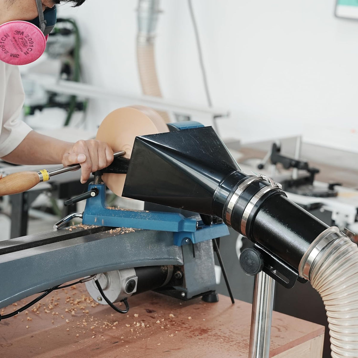 Dust Extraction Hood with Flexible Rubber Cuff for Interchangable Dust Hood for Woodturning Lathe