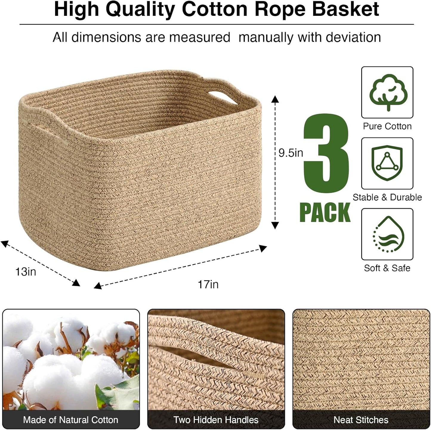 Large Storage Baskets for Organizing Shelves, Woven Cotton Rope Bins for Baby Nursery Organization