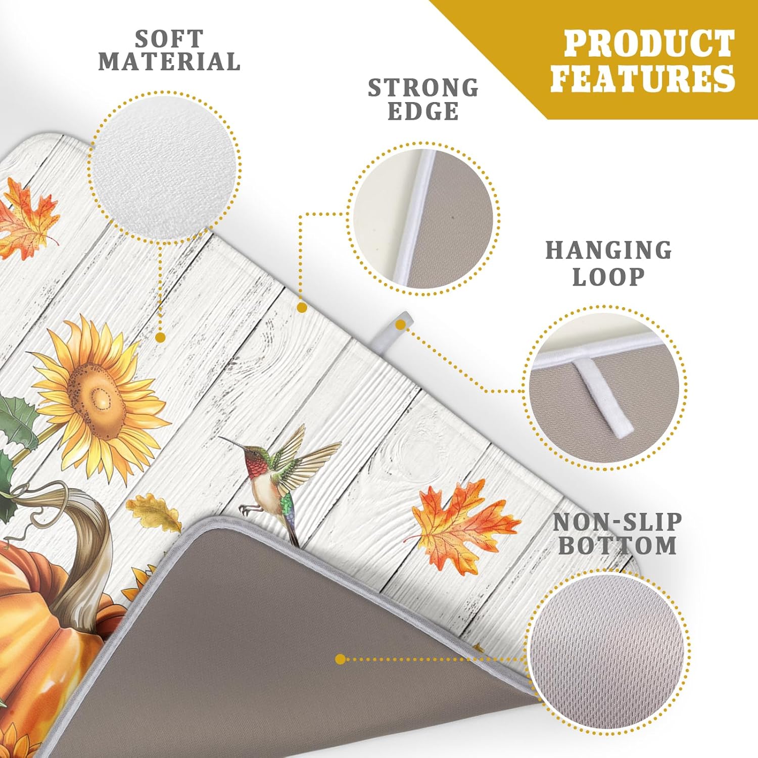 Autumn Harvest Pumpkin Dish Drying Mat for Kitchen Counter Sunflower Maple Leaves Fall Dish Drying
