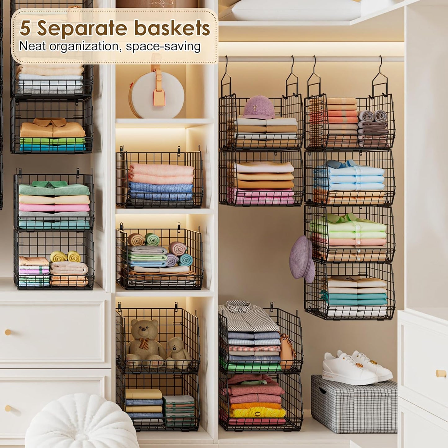 Deeper 4'' Design 5 Tier Foldable Hanging Closet Organizer and Storage，Wire Cabinet Shelves and