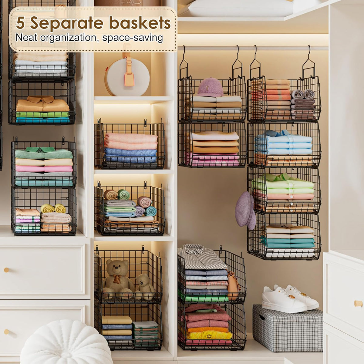 Deeper 4'' Design 5 Tier Foldable Hanging Closet Organizer and Storage，Wire Cabinet Shelves and