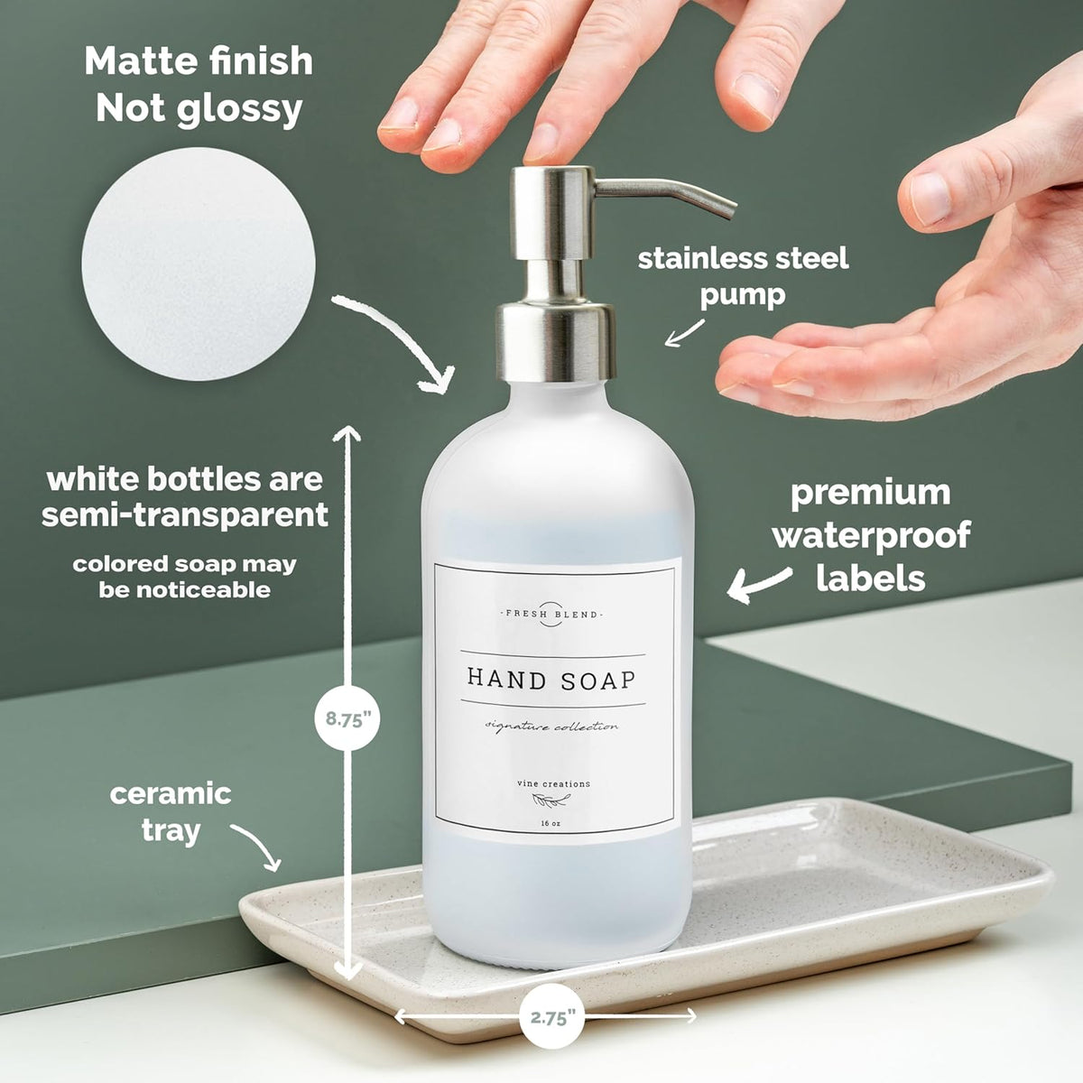 Vine Creations Glass Soap Dispenser, 2 Pack Kitchen Soap Dispenser Set with Ceramic Tray, Stainless