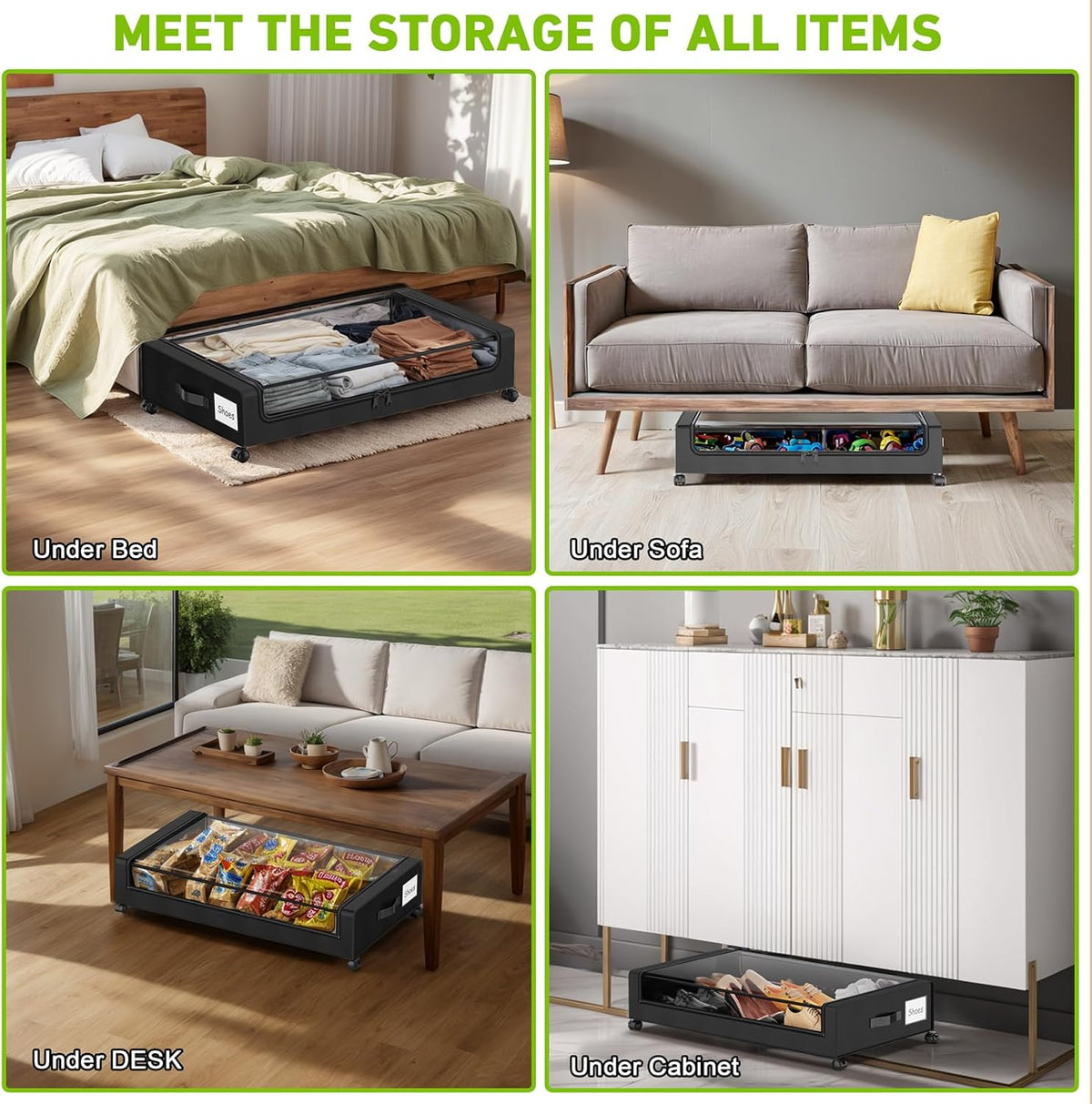 Under Bed Storage with Wheels, 2-Pack Under the Bed Storage Containers with Clear Lids & Label