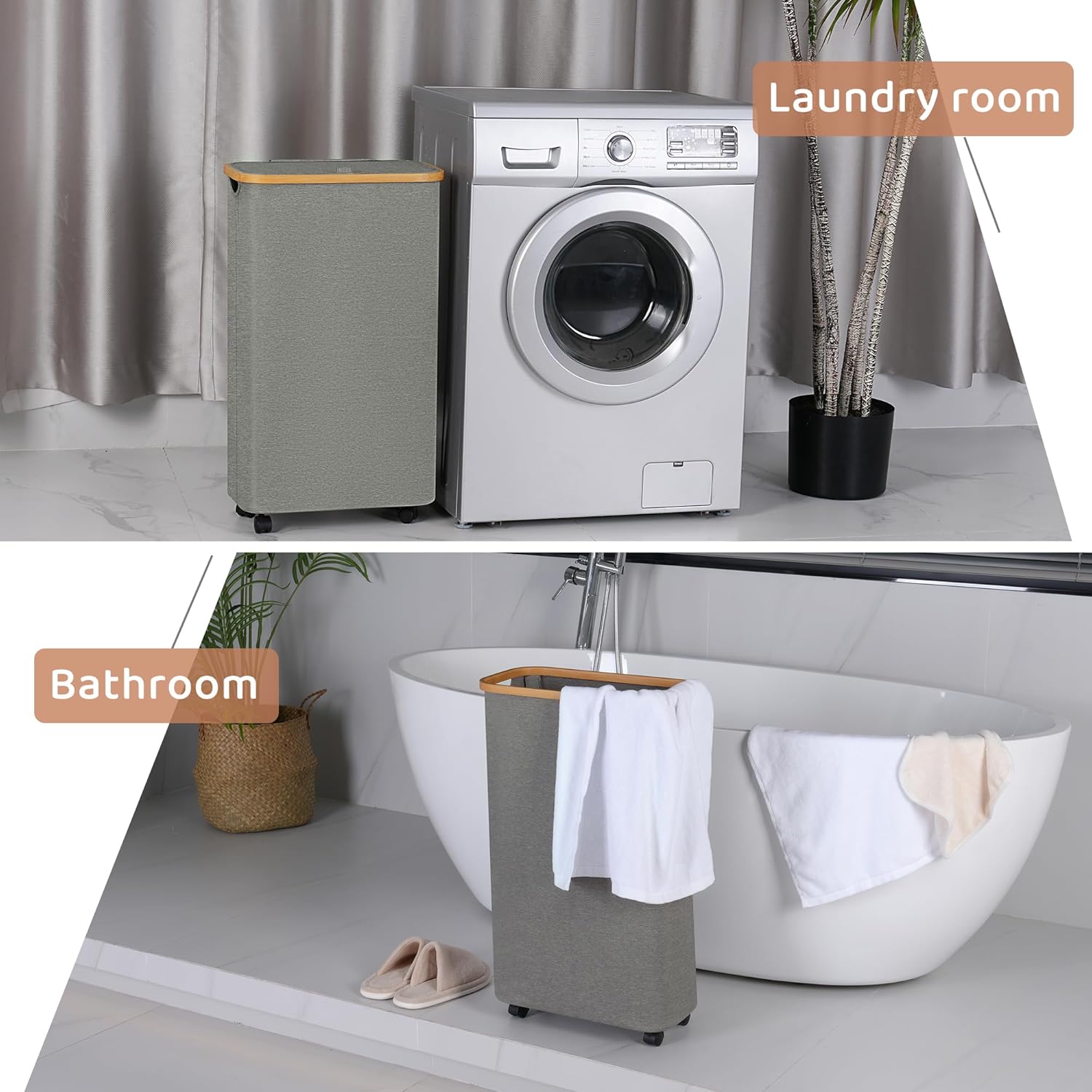 Slim Laundry Basket with Wheels,Narrow Hampers for Laundry, Laundry Hamper with Lid&Bamboo