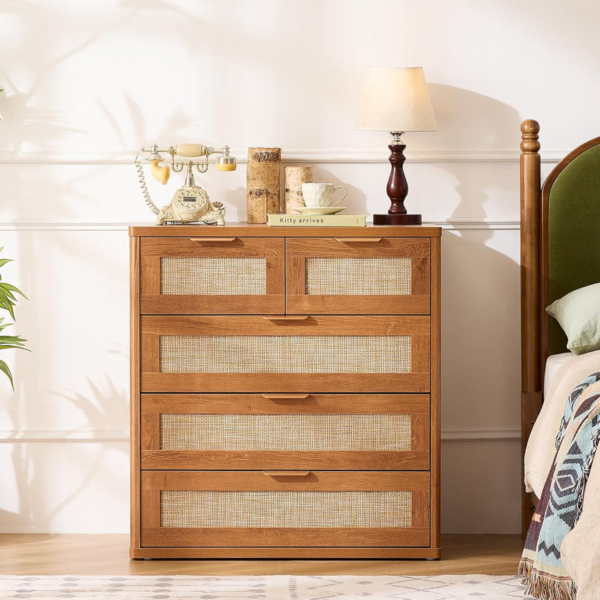LEYAOYAO Rattan Dresser for Bedroom Set of 2, 33.5" Tall Chest of Drawers, Modern 5 Drawers Boho