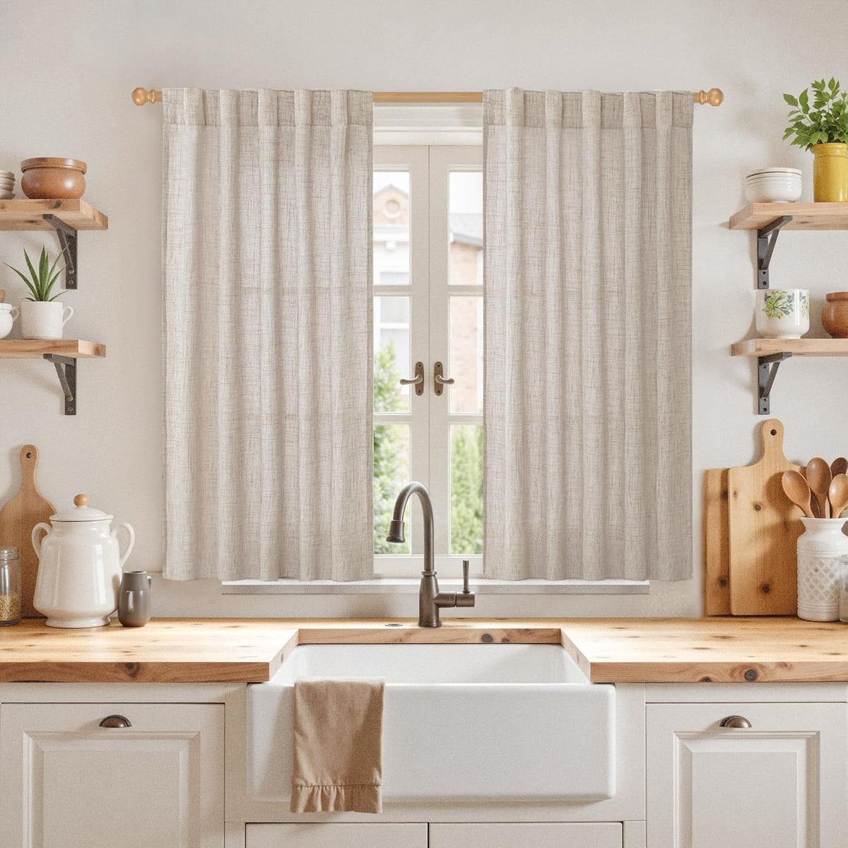 YoungsTex Linen Curtains 48 Inch Length for Kitchen Window, Short Natural Semi Sheer Drapes with