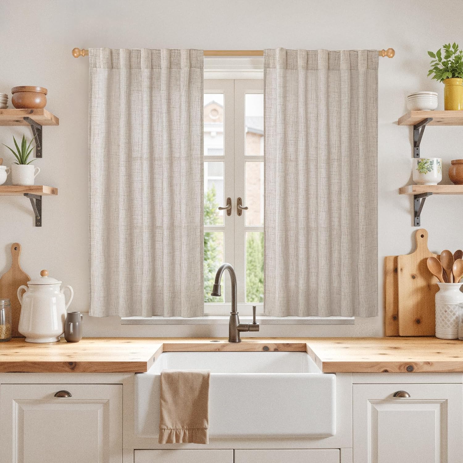 YoungsTex Short Linen Curtains 45 Inch Length for Cafe Window, Natural Light Filtering Drapes with