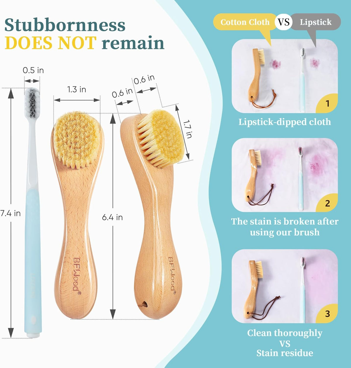 BFWood 2PCS Laundry Stain Brush - Natural Soft Boar Bristles, Removes Tough Stains from Delicate