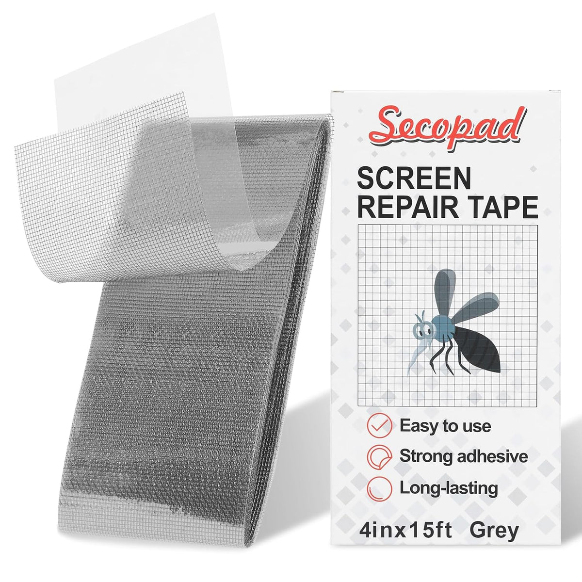 Grey Screen Repair Tape, 4" X 180" (15FT) Window Screen Door Repair Kit, Strong Adhesive Fiberglass