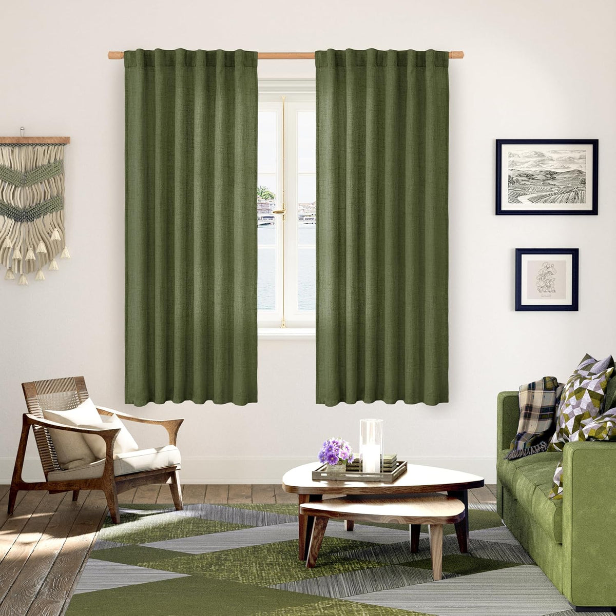 YoungsTex Olive Green Linen Semi Sheer Curtains 72 Inch Length for Living Room, Light Filtering