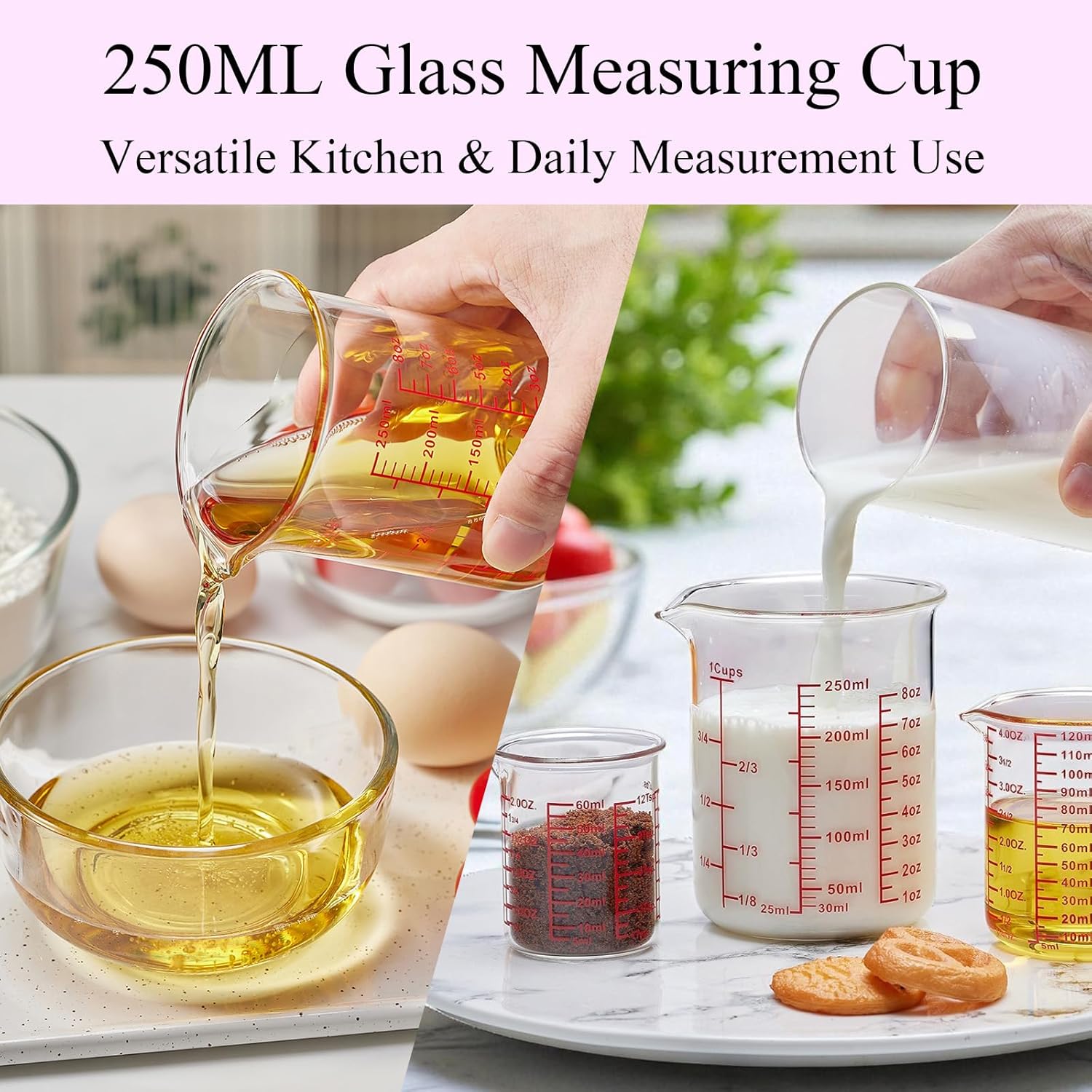 High Borosilicate Glass Measuring Cup Set-V-Shaped Spout，Includes 250ml(8OZ), 500ml(16OZ), and