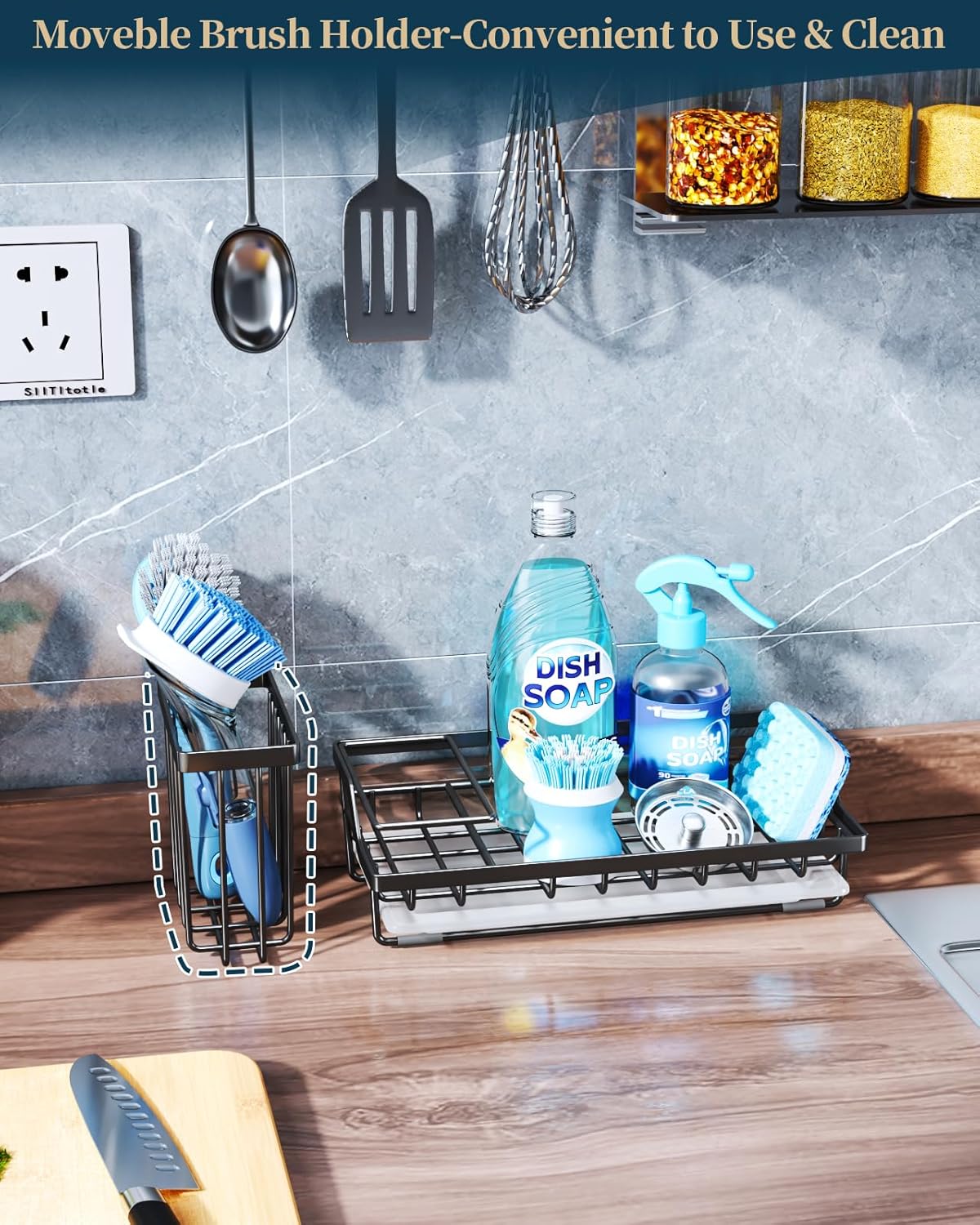 Consumest Sink Caddy, Kitchen Sponge Holder with Dish Brush Holder, Kitchen Sink Organizer with