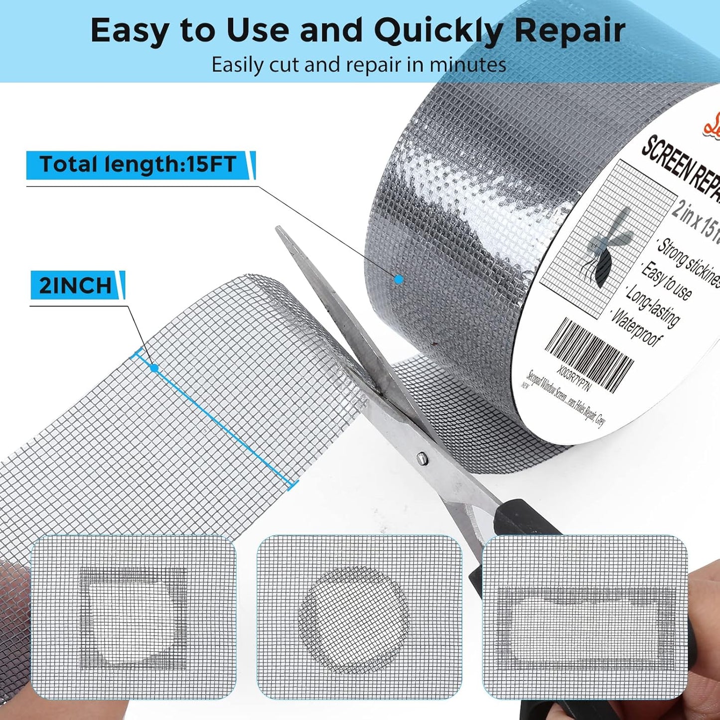 Grey Window Screen Repair Tape, 2IN X 15FT (180IN) Screen Repair Kit for Windows or Doors, Strong