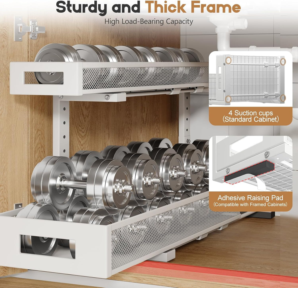 2 Pack 20.47IN Depth Under Sink Storage Organizer, Large 2-Tier Elegant Mesh Pull Out Shelf for