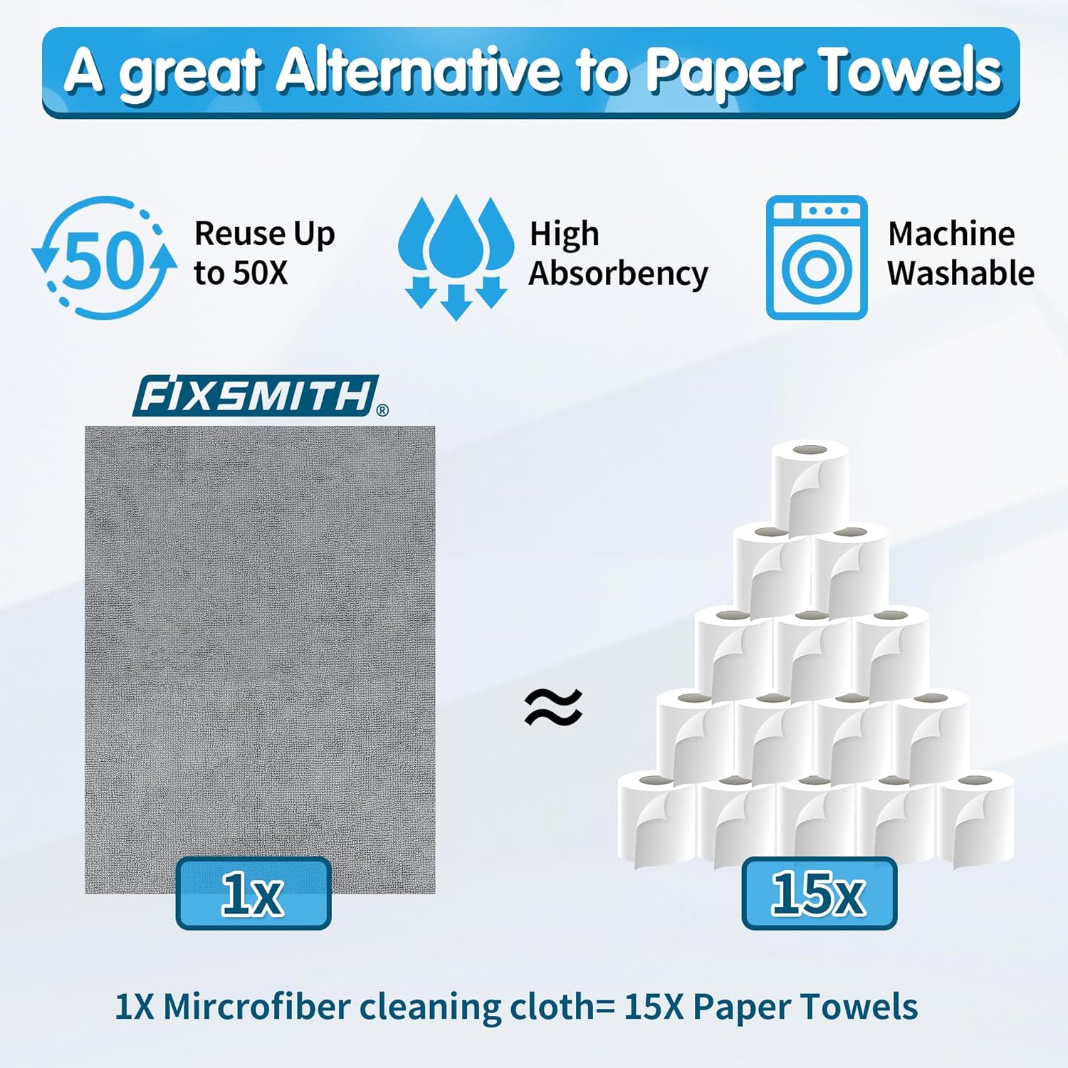 FIXSMITH Grey Microfiber Cleaning Cloth, Pack of 50, 16"X12" Cleaning Rags for Housekeeping and