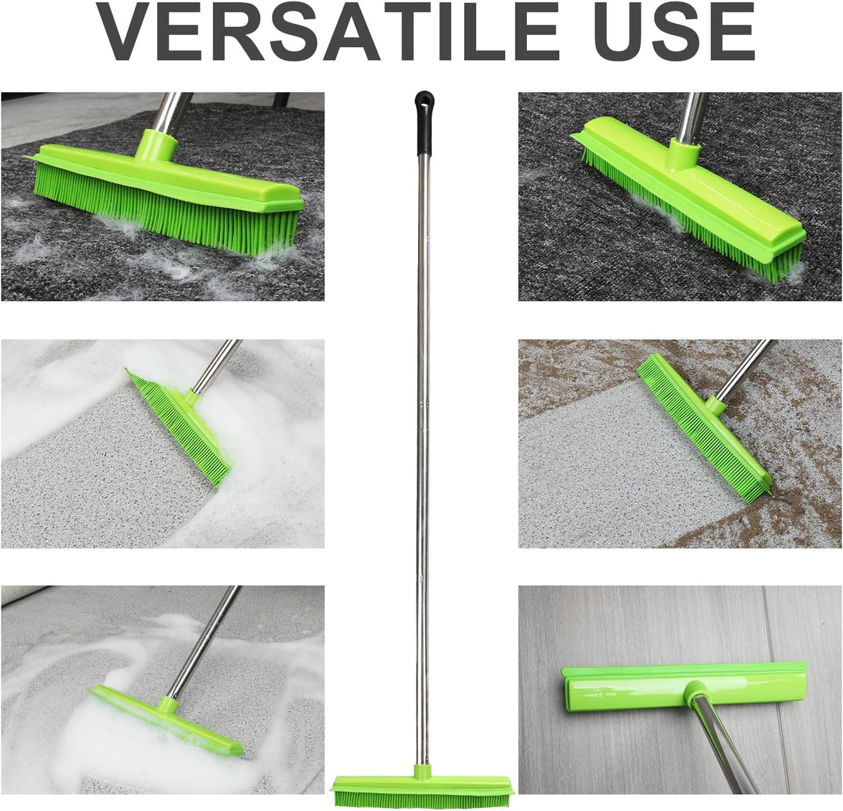 Rubber Broom and Dustpan Set,Pet Hair Removal Rubber Broom with Squeegee and Stainless Steel Dust