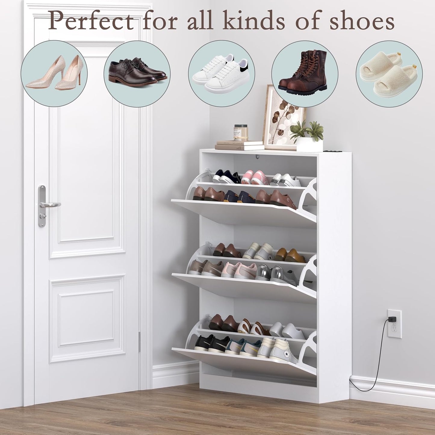 Shoe Cabinet with Odor Control and Back Panels, Deodorizing Slim 3-Flip Shoe Storage Cabinet for