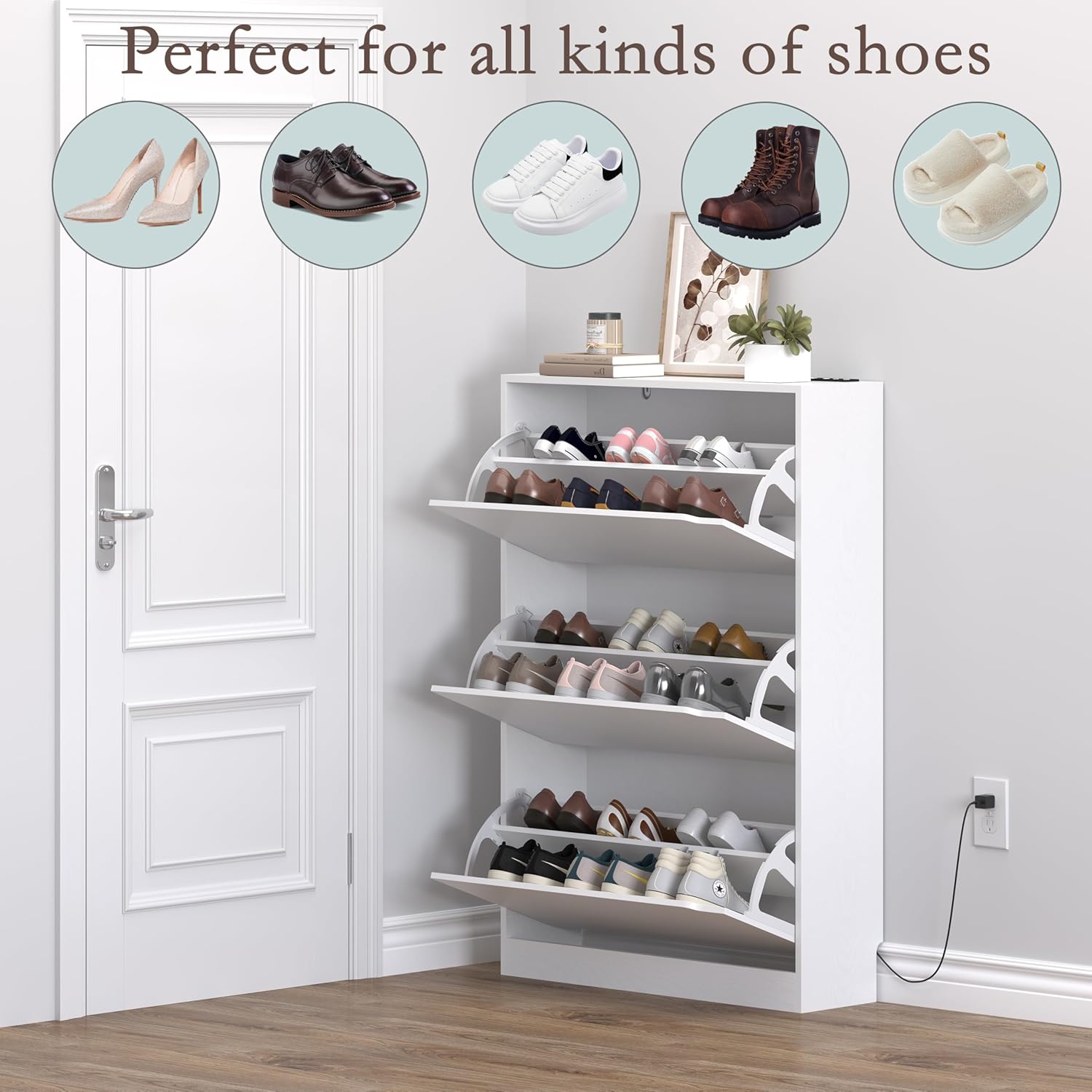 Shoe Cabinet with Odor Control and Back Panels, Deodorizing Slim 3-Flip Shoe Storage Cabinet for
