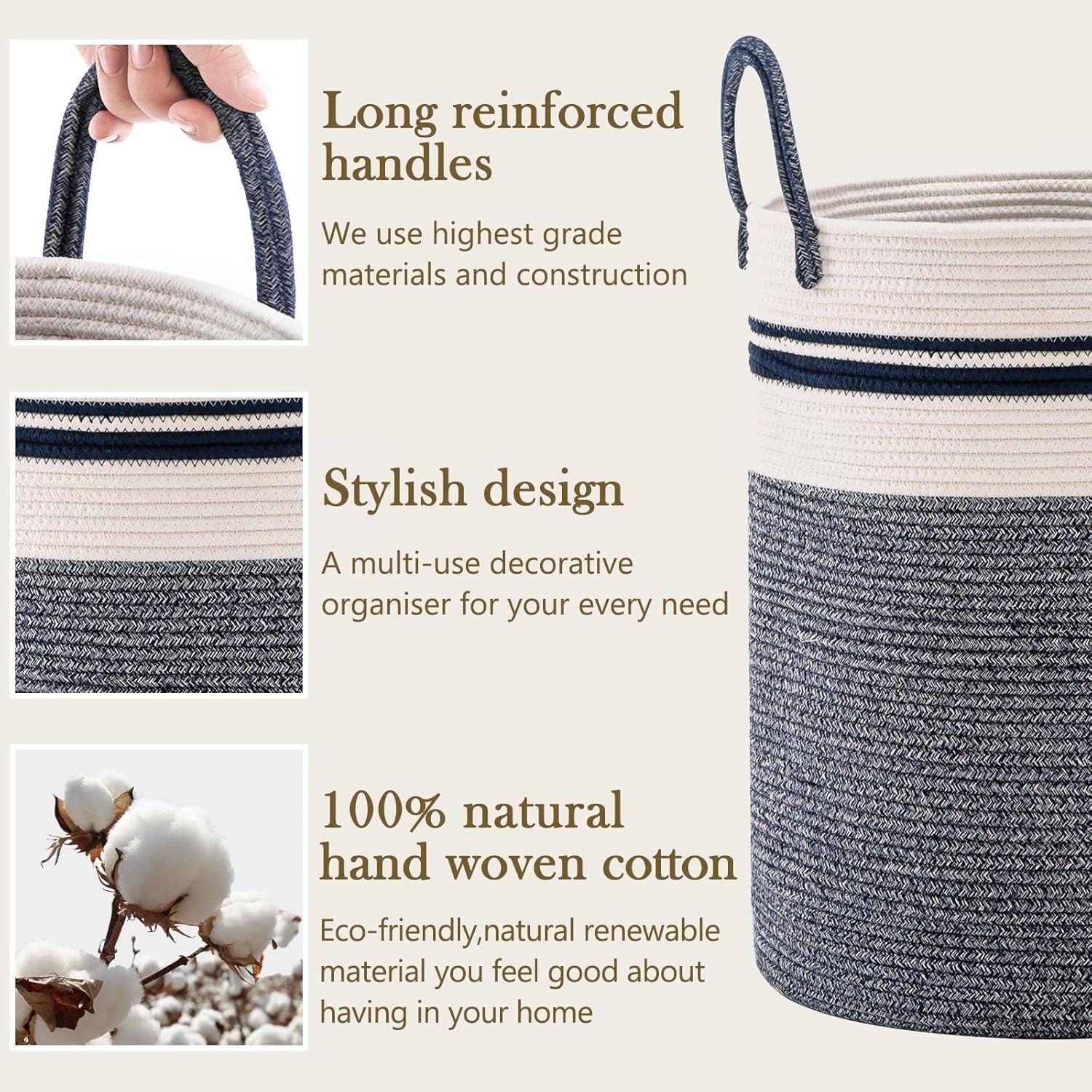 YOUDENOVA Woven Rope Laundry Hamper Basket, 72L Tall Laundry Basket, Baby Nursery Hamper for