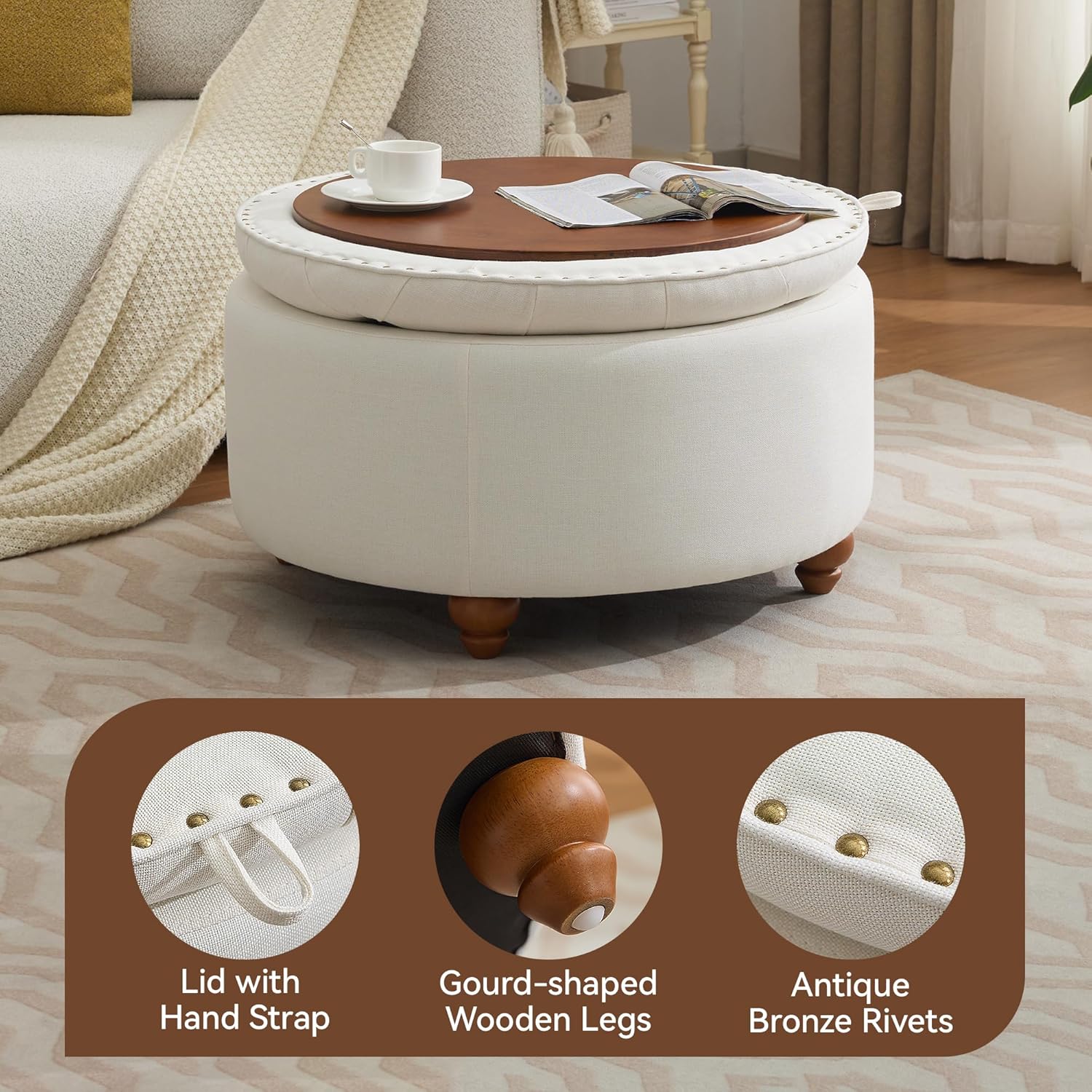 30Inch Round Storage Ottoman with Tray, Modern Tufted Fabric Circle Coffee Table with Storage