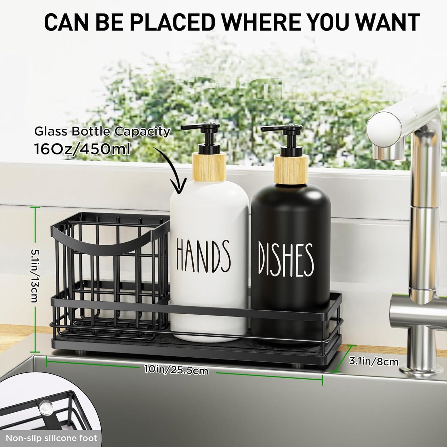 Moforoco Kitchen Dish Soap Dispenser Set, 16OZ Glass Bottle, Hand and Dish Soap Dispenser Set
