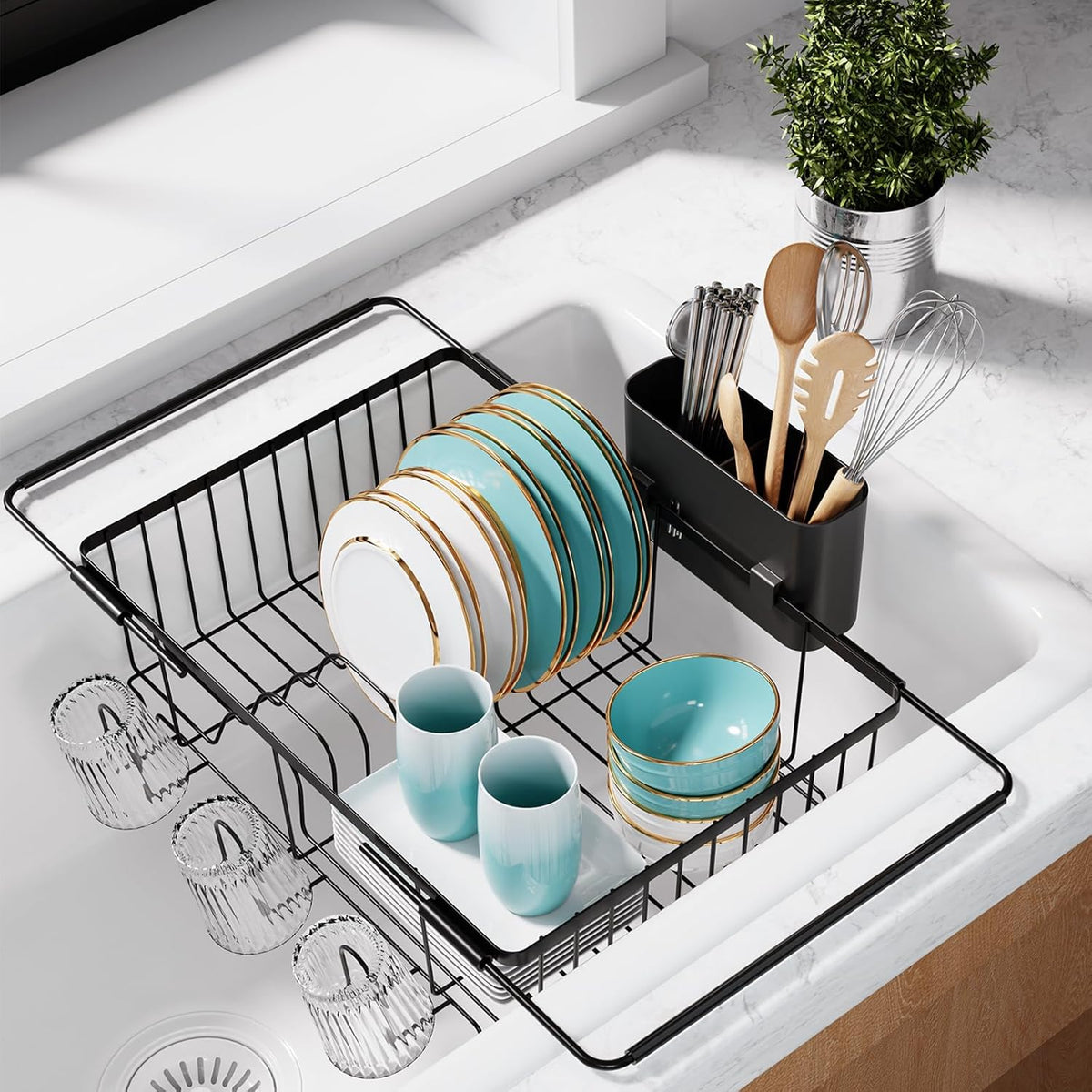 Dish Drying Rack in Sink - Expandable Stainless Steel Dish Rack Over The Sink, Kitchen Sink Drain