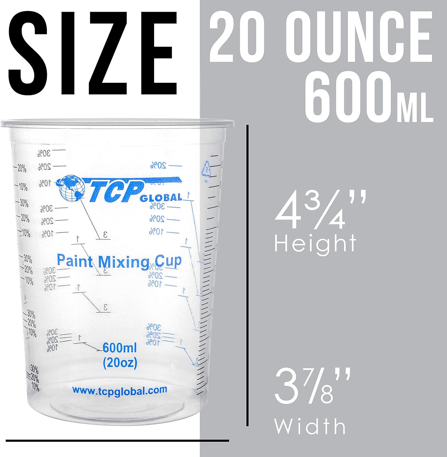 TCP Global 20 oz. (600ml) Graduated Plastic Mixing Cups - Box of 50 with 50 Mixing Sticks