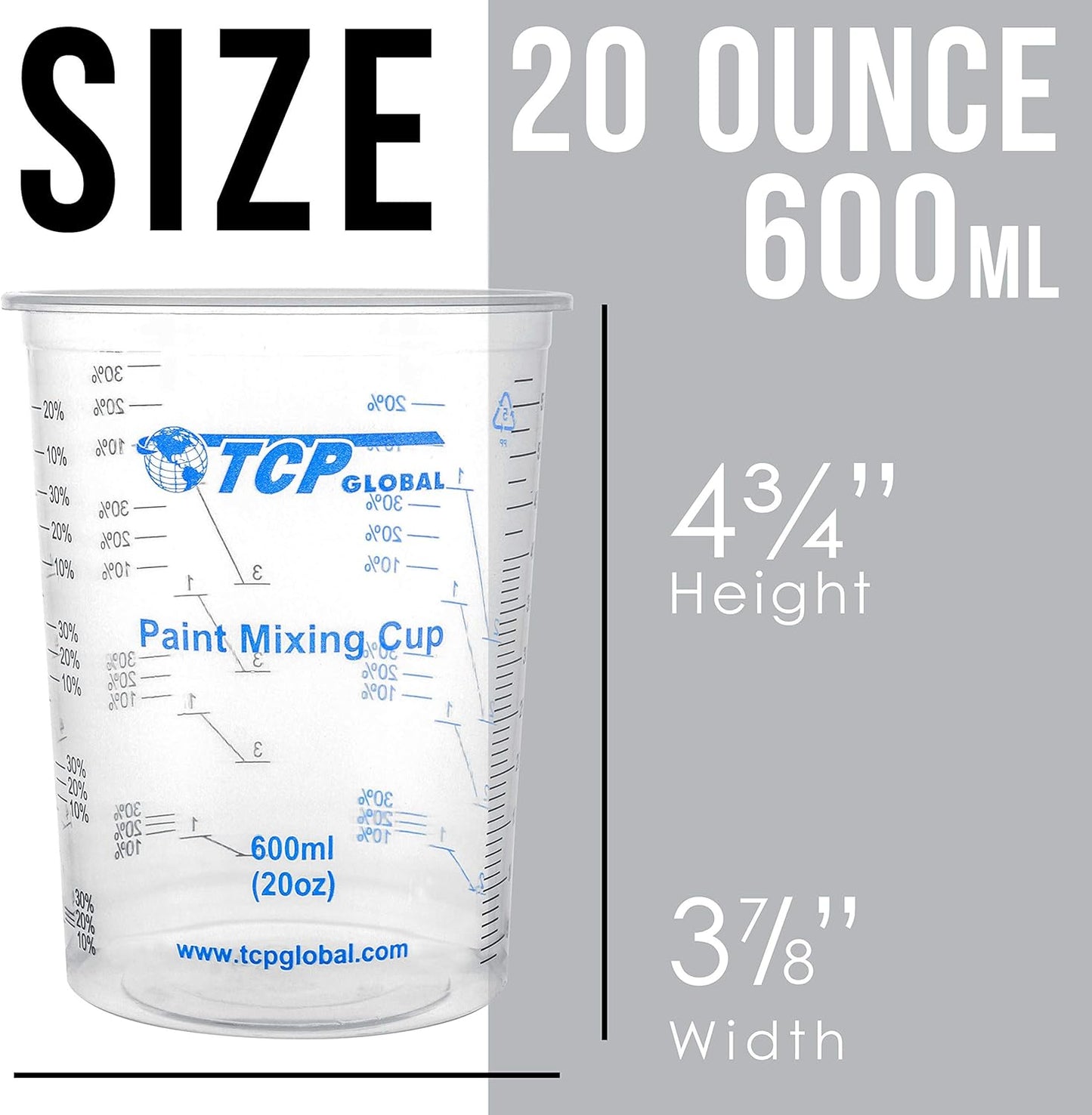 TCP Global 20 oz. (600ml) Graduated Plastic Mixing Cups - Box of 25 with 25 Mixing Sticks