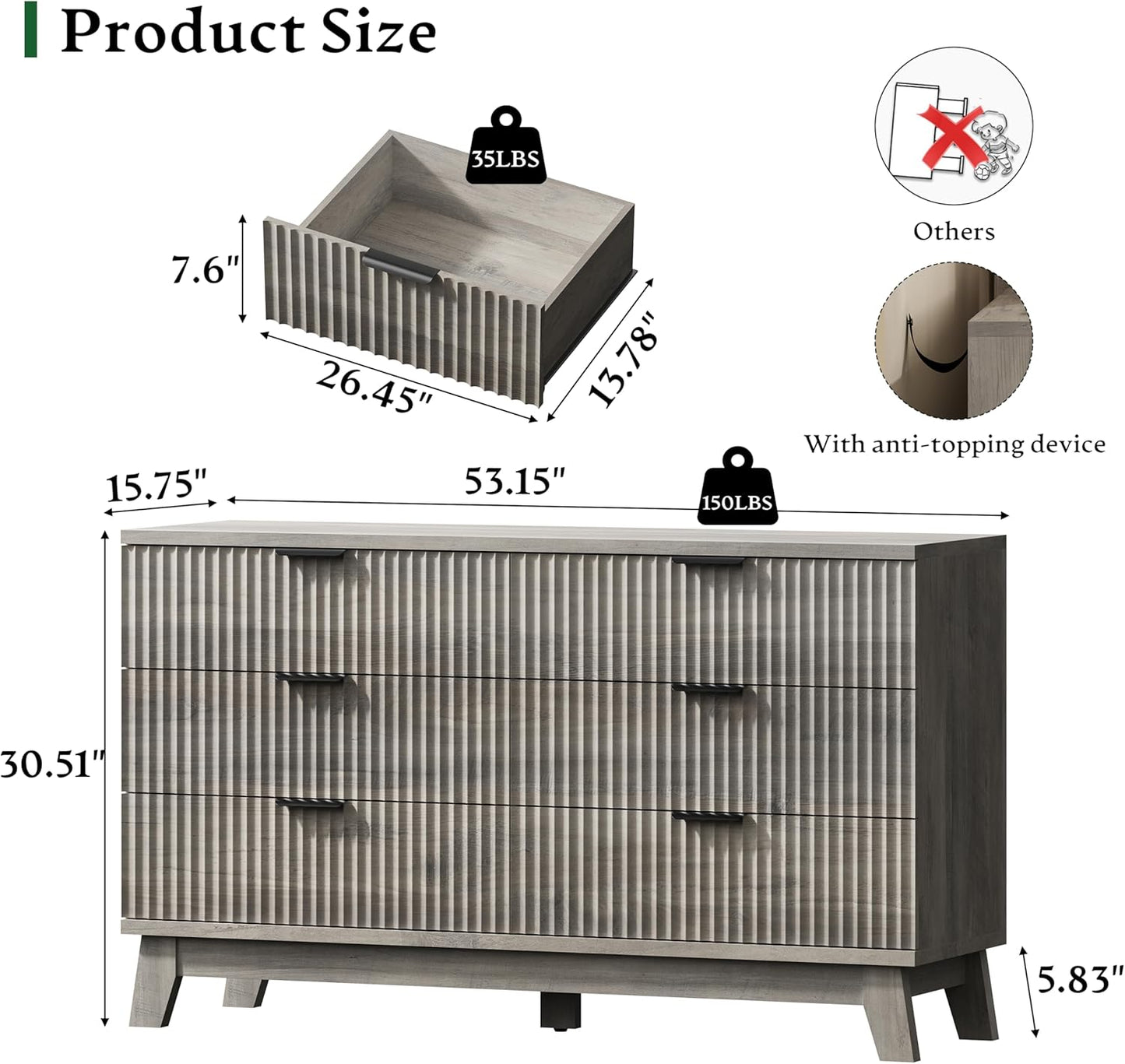 Fluted Dresser with 6 Drawers, 54" Wide Modern Chest of Drawers with Metal Handle, Wooden Dresser
