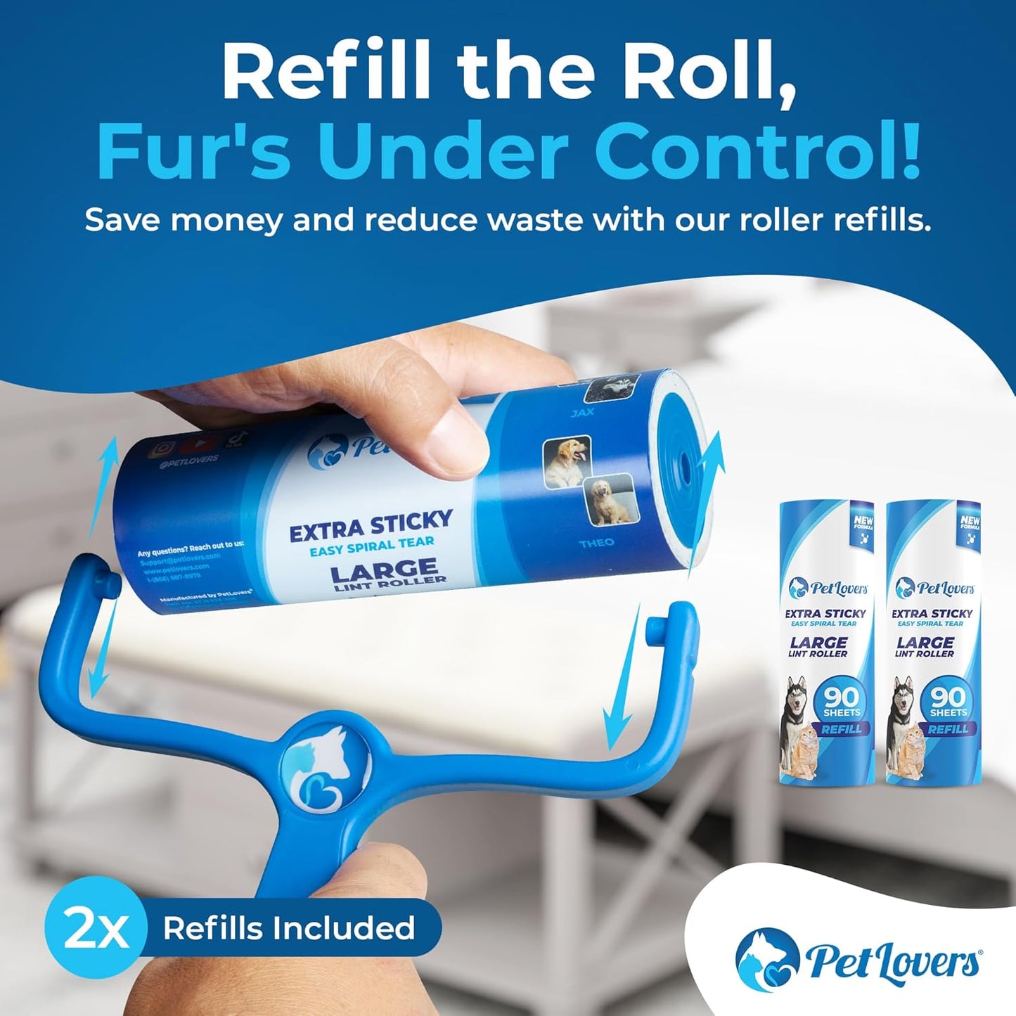 PetLovers 6.3" Large Lint Roller for Pet Hair Extra Sticky 270 Sheets, Ideal for Pet Hair Removal