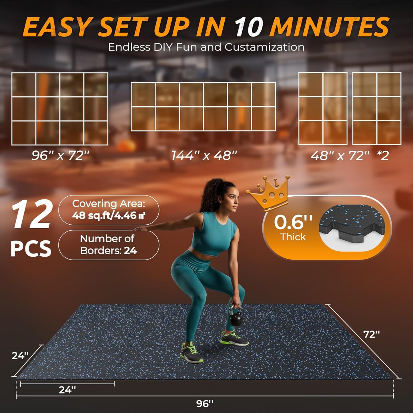 PRAISUN 0.6" Thicker Gym Mat, 12 Tiles 48 Sq Ft Workout Mats, Interlocking Foam Tiles with Rubber