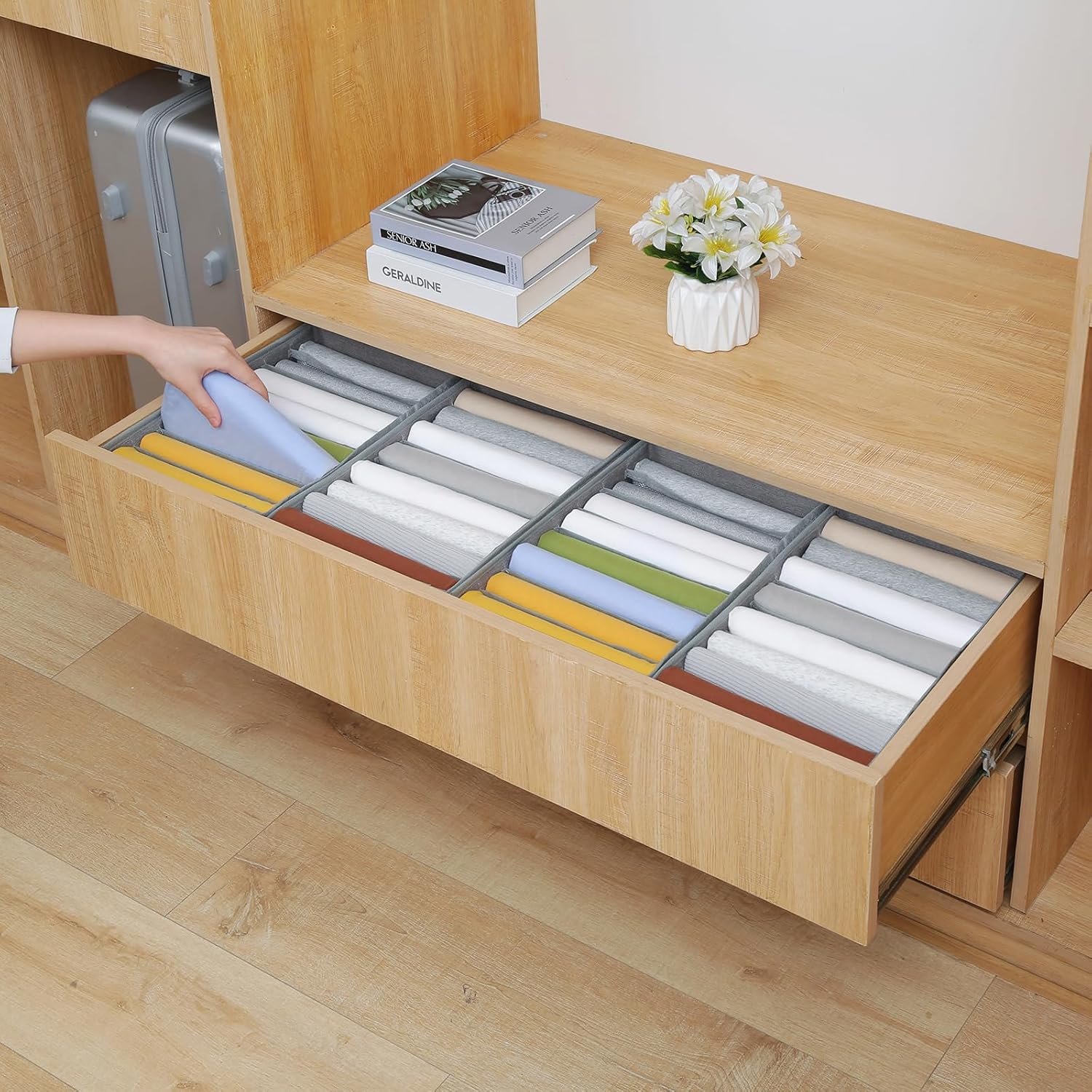 Qozary 4 Pack Drawer Organizers for Clothing, 8 Grids Foldable Closet Organizers and Storage Bins