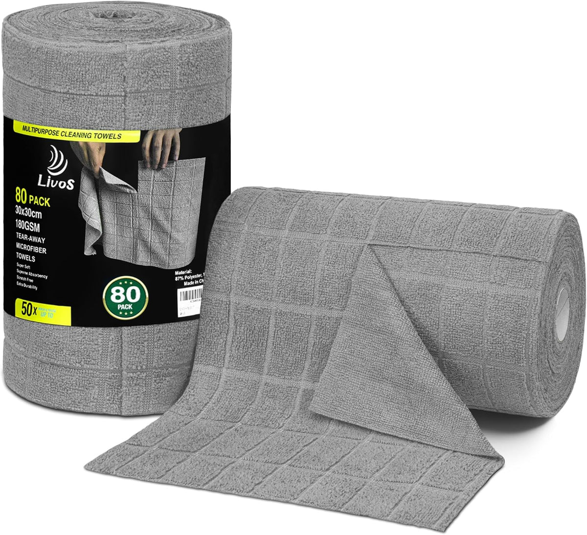 LIVOS Microfiber Cleaning Cloth Roll - 80 Pack, Reusable Paper Towels, Microfiber Towels for Cars