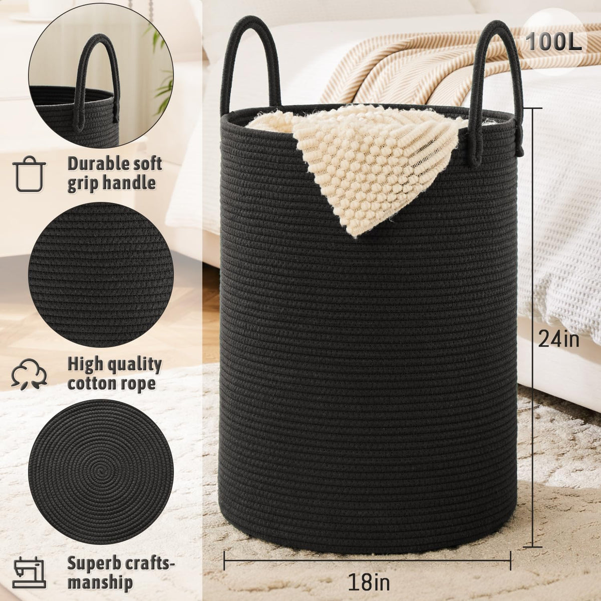 Laundry Basket,Woven Cotton Rope Laundry Hamper,100L for Decorative Storage of Dirty Clothes,Toys