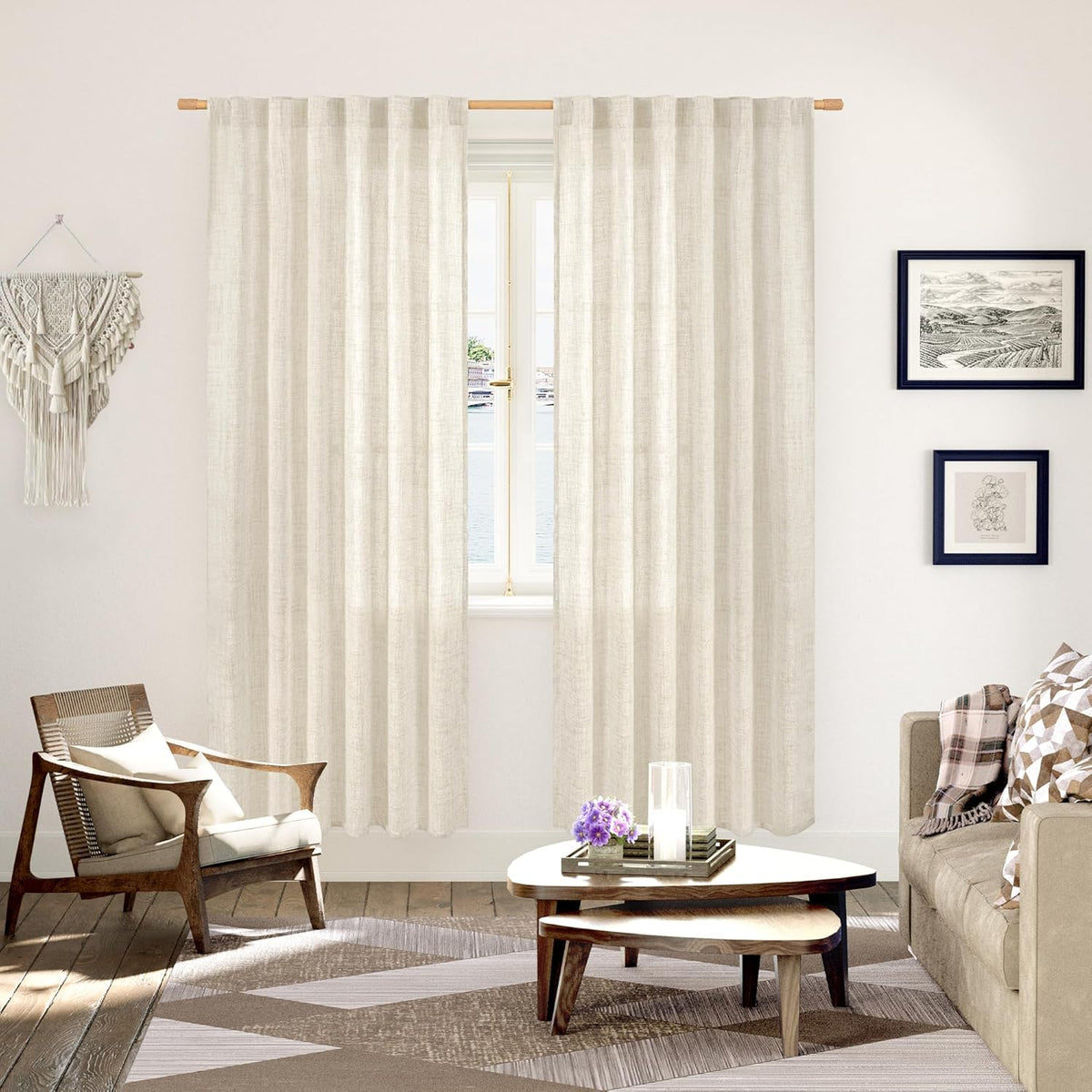 YoungsTex Linen Semi Sheer Curtains 78 Inch Length for Living Room, Boho Cream Light Filtering